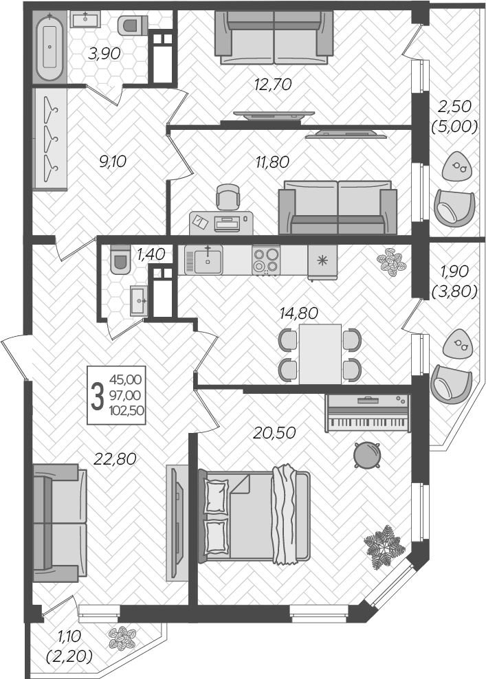Планировка трёхкомнатная 103.9 м² в ЖК «Зеленодар», корпус 7