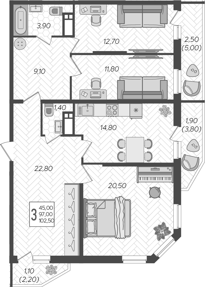 Планировка трёхкомнатная 104.1 м² в ЖК «Зеленодар», корпус 6