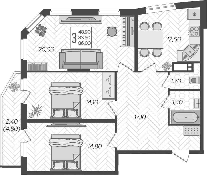Планировка трёхкомнатная 86 м² в ЖК «Зеленодар», корпус 6