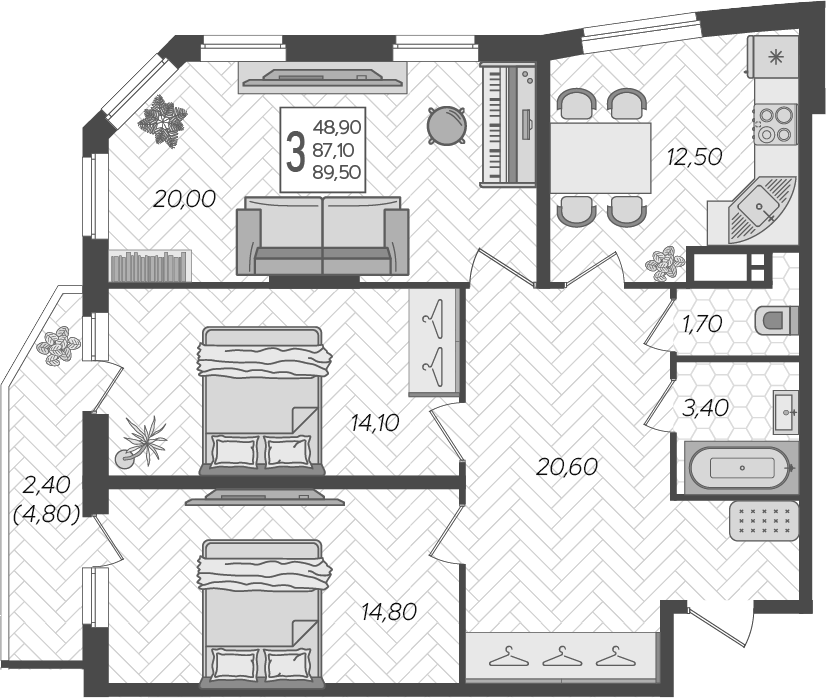 Планировка трёхкомнатная 89.5 м² в ЖК «Зеленодар», корпус 6