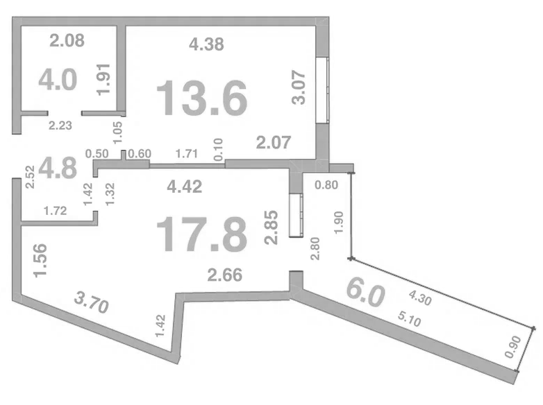 Планировка однокомнатная 42.36 м² в ЖК «Жемчужина Мысхако», корпус 3