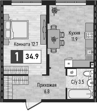 Планировка однокомнатная 34.9 м² в ЖК «Живописный», корпус 1
