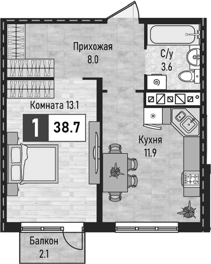 Планировка однокомнатная 38.7 м² в ЖК «Живописный», корпус 1
