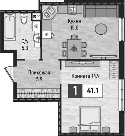 Планировка однокомнатная 41.1 м² в ЖК «Живописный», корпус 1