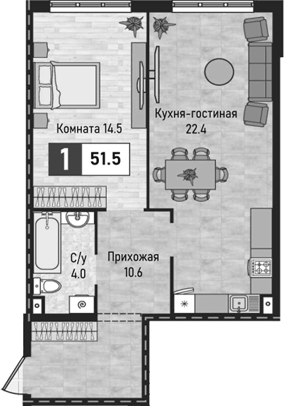 Планировка евродвушка (2Е) 51.5 м² в ЖК «Живописный», корпус 1
