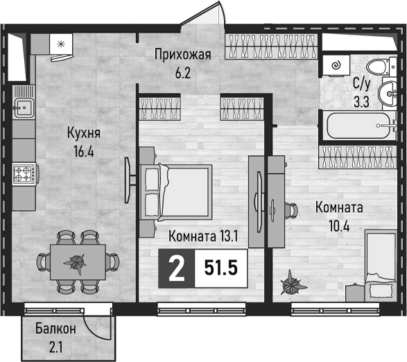 Планировка двухкомнатная 51.5 м² в ЖК «Живописный», корпус 2