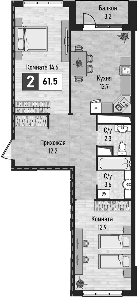 Планировка двухкомнатная 61.5 м² в ЖК «Живописный», корпус 2