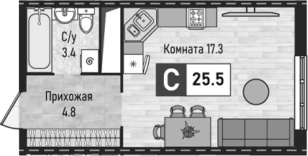 Планировка Студии 25.5 м² в ЖК «Живописный», корпус 2