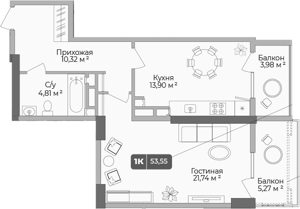 Планировка однокомнатная 54.18 м² в ЖК «Золотой берег. СЗ Среда», корпус 1