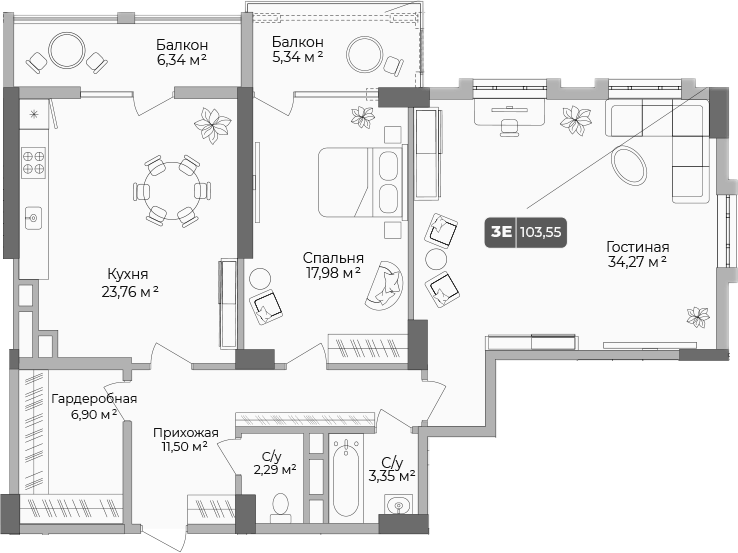 Планировка двухкомнатная 105.2 м² в ЖК «Золотой берег. СЗ Среда», корпус 2