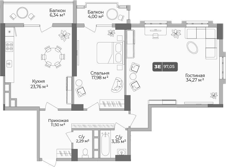 Планировка двухкомнатная 97.3 м² в ЖК «Золотой берег. СЗ Среда», корпус 2