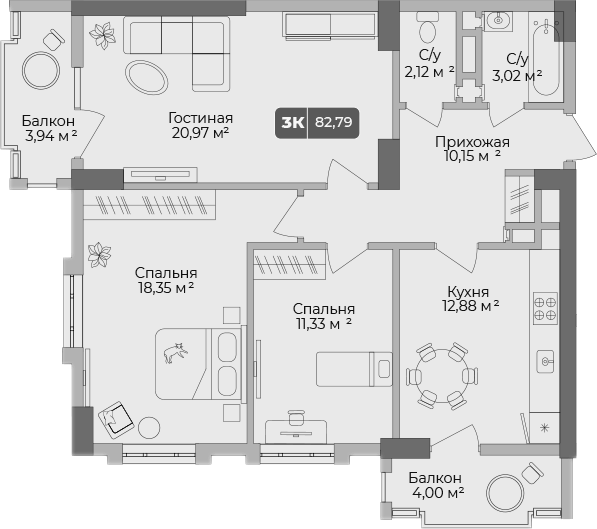 Планировка трёхкомнатная 82.79 м² в ЖК «Золотой берег. СЗ Среда», корпус 4