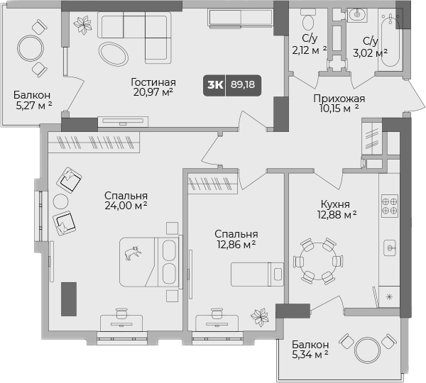 Планировка трёхкомнатная 89.18 м² в ЖК «Золотой берег. СЗ Среда», корпус 1