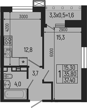 Планировка однокомнатная 37.4 м² в ЖК «Звезды», корпус 9