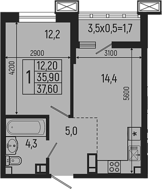 Планировка евродвушка (2Е) 37.6 м² в ЖК «Звезды», корпус 9