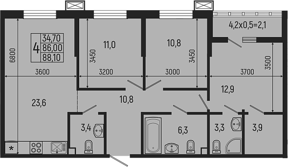 Планировка евро-4 (4Е) 88.1 м² в ЖК «Звезды», корпус 12