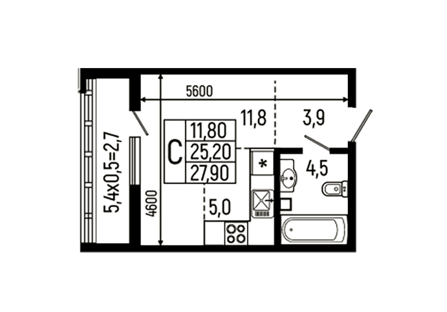 Планировка Студии 27.9 м² в ЖК «Звезды», корпус 11