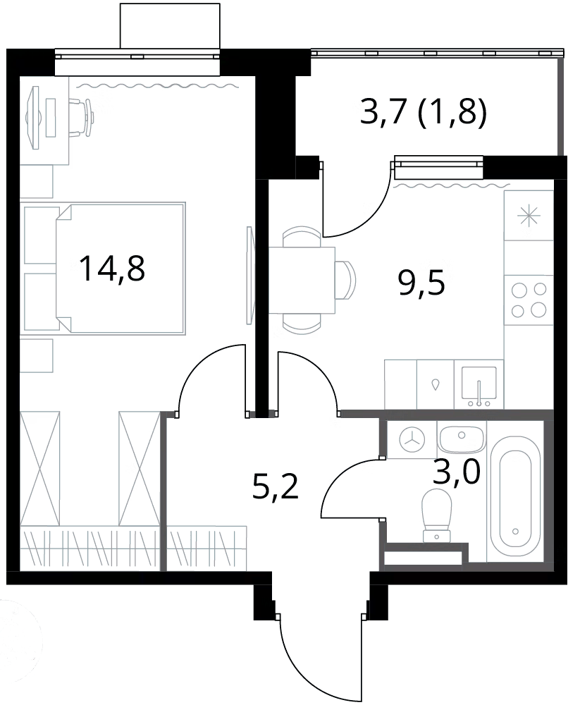 Планировка однокомнатная 34.3 м² в ЖК «1-й Донской», корпус 3