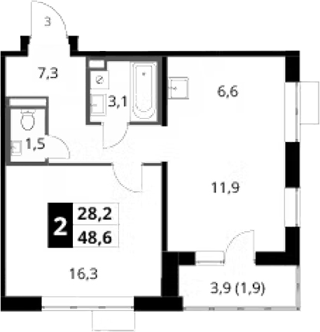 Планировка евродвушка (2Е) 48.6 м² в ЖК «1-й Донской», корпус 3