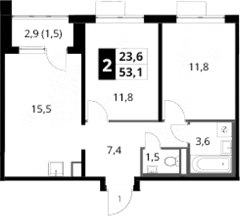 Планировка двухкомнатная 53.1 м² в ЖК «1-й Донской», корпус 3