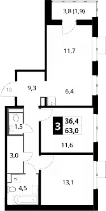 Планировка евротрёшка (3Е) 63 м² в ЖК «1-й Донской», корпус 3