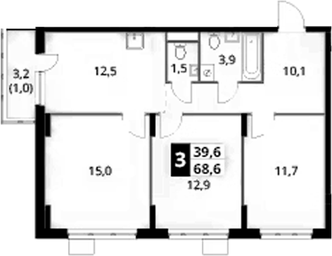 Планировка трёхкомнатная 68.6 м² в ЖК «1-й Донской», корпус 5