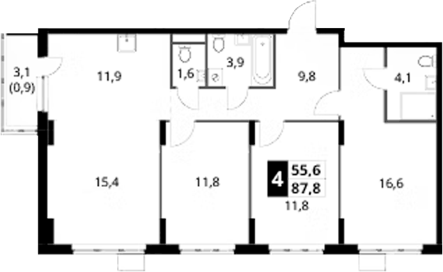 Планировка евро-4 (4Е) 87.8 м² в ЖК «1-й Донской», корпус 5