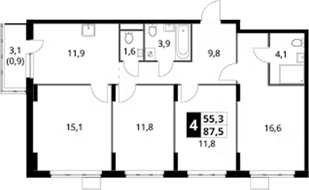 Планировка четырёхкомнатная 87.5 м² в ЖК «1-й Донской», корпус 5