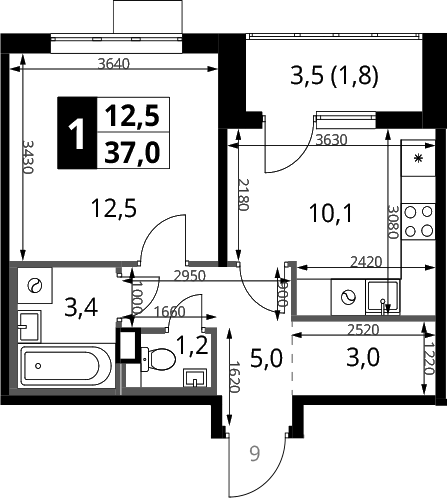 Планировка однокомнатная 37 м² в ЖК «1-й Химкинский», корпус 1.2
