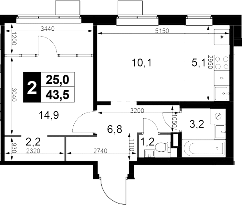 Планировка евродвушка (2Е) 43.5 м² в ЖК «1-й Химкинский», корпус 2.1