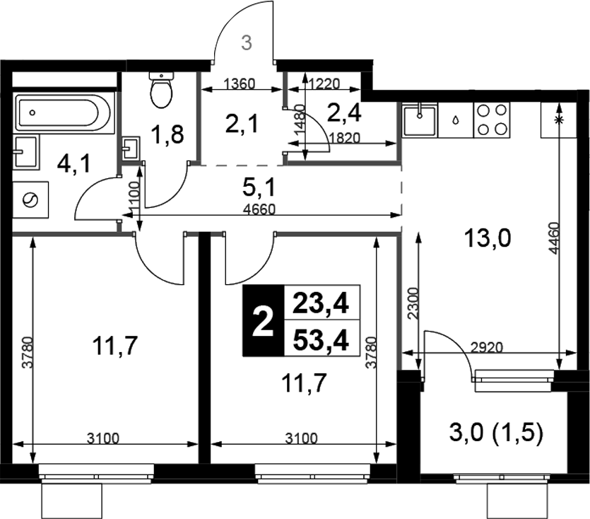 Планировка двухкомнатная 53.4 м² в ЖК «1-й Химкинский», корпус 2.2