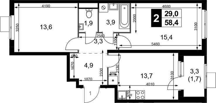 Планировка двухкомнатная 58.4 м² в ЖК «1-й Химкинский», корпус 2.6.1