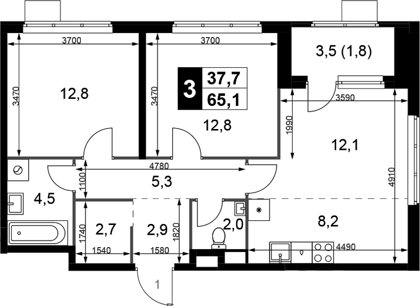 Планировка двухкомнатная 65.1 м² в ЖК «1-й Химкинский», корпус 2.2