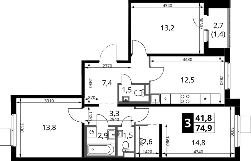 Планировка трёхкомнатная 74.9 м² в ЖК «1-й Химкинский», корпус 1.4