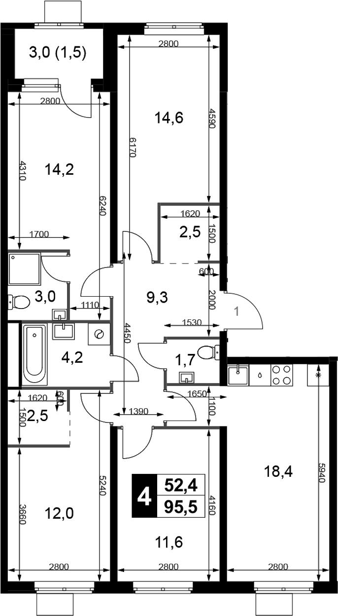 Планировка 5Е-к.кв 95.5 м² в ЖК «1-й Химкинский», корпус 2.6.1