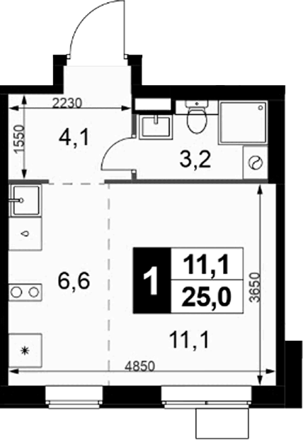 Планировка Студии 25 м² в ЖК «1-й Химкинский», корпус 2.1