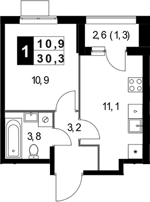 Планировка однокомнатная 30.3 м² в ЖК «1-й Измайловский», корпус 5