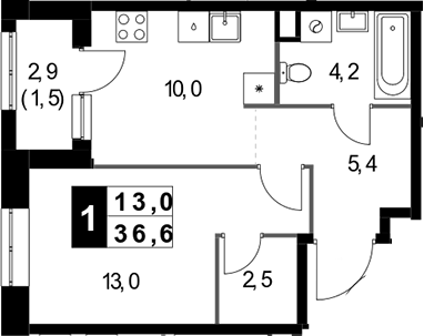 Планировка однокомнатная 36.6 м² в ЖК «1-й Измайловский», корпус 4