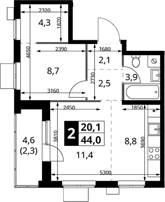 Планировка евродвушка (2Е) 44 м² в ЖК «1-й Измайловский», корпус 2