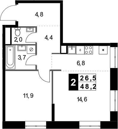 Планировка евродвушка (2Е) 48.2 м² в ЖК «1-й Измайловский», корпус 4
