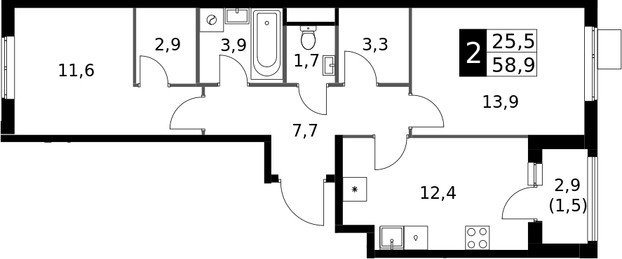 Планировка двухкомнатная 58.9 м² в ЖК «1-й Измайловский», корпус 3