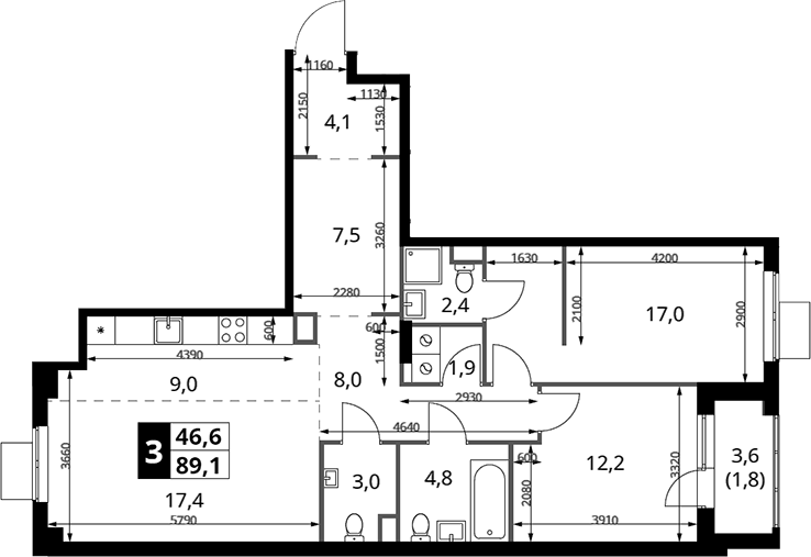 Планировка евротрёшка (3Е) 89.1 м² в ЖК «1-й Измайловский», корпус 2