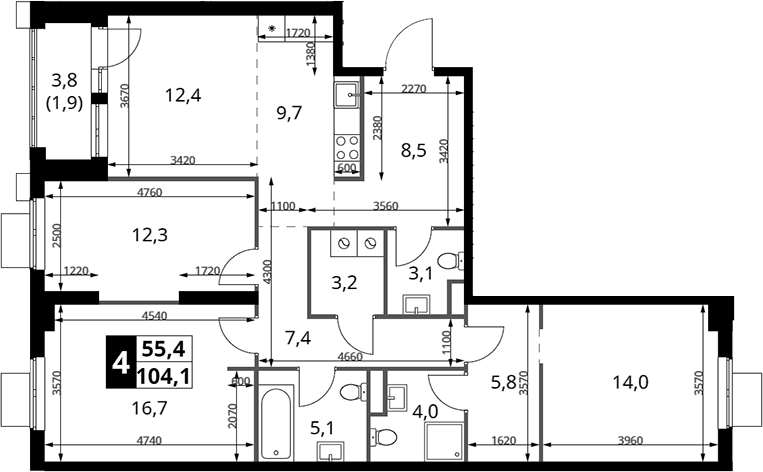 Планировка евро-4 (4Е) 105.4 м² в ЖК «1-й Измайловский», корпус 1
