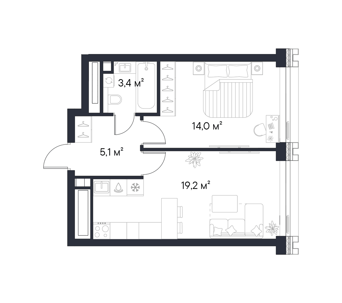 Планировка однокомнатная 41.7 м² в ЖК «Первый Нагатинский», корпус 1