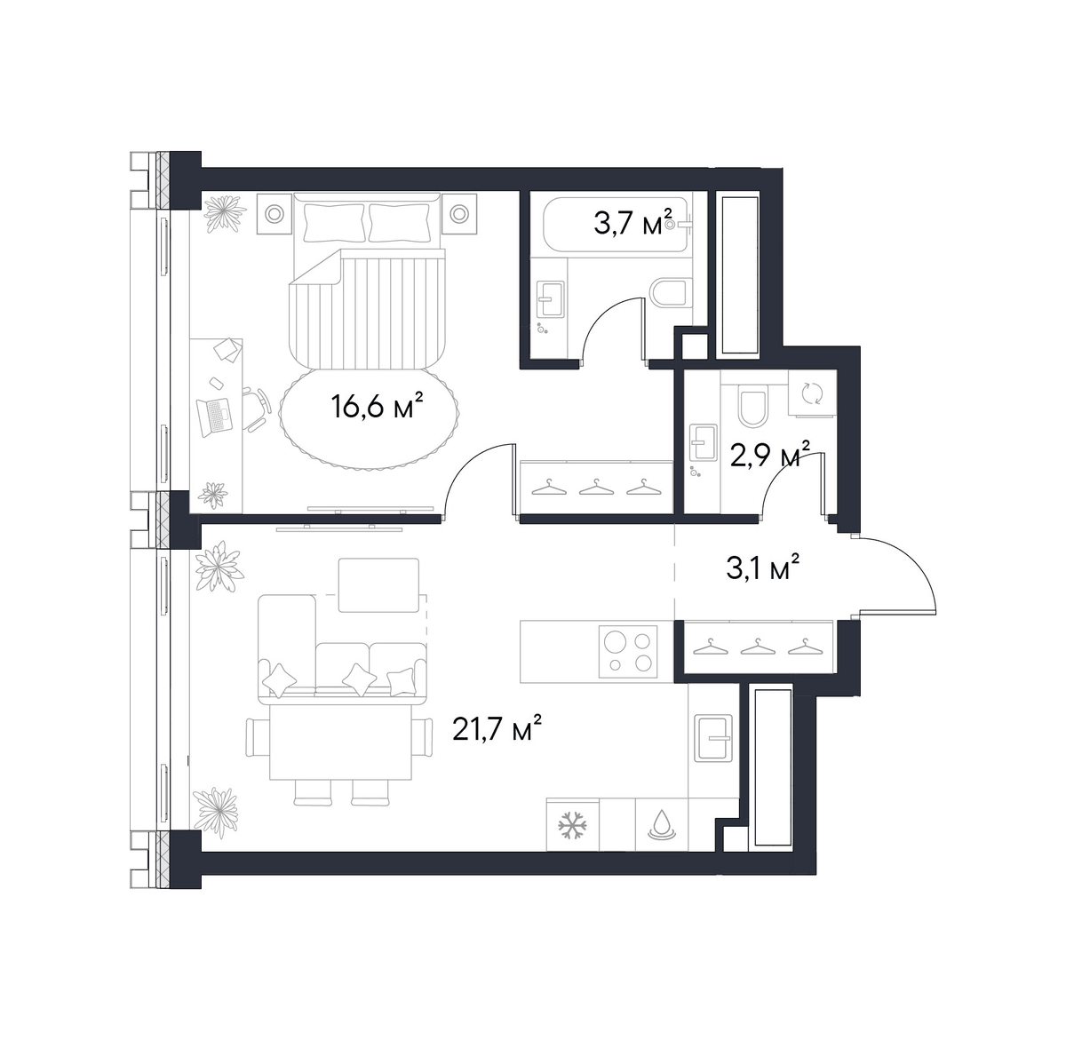 Планировка однокомнатная 48 м² в ЖК «Первый Нагатинский», корпус 1