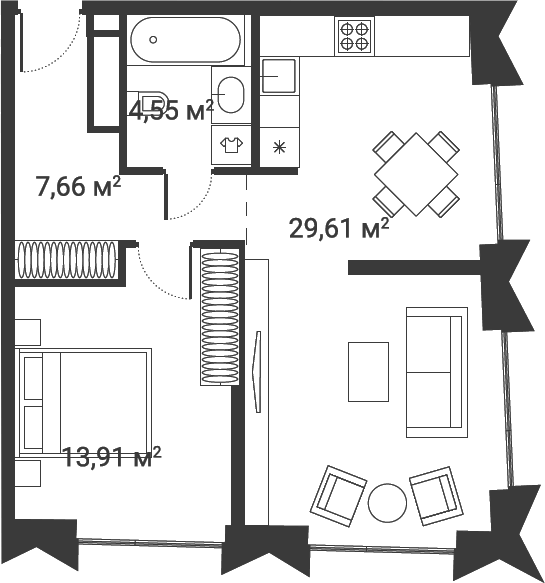 Планировка евродвушка (2Е) 56.8 м² в ЖК «Первый Нагатинский», корпус 1