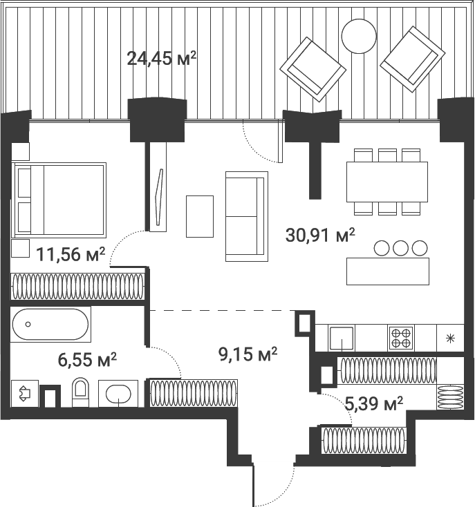 Планировка евродвушка (2Е) 69.9 м² в ЖК «Первый Нагатинский», корпус 1