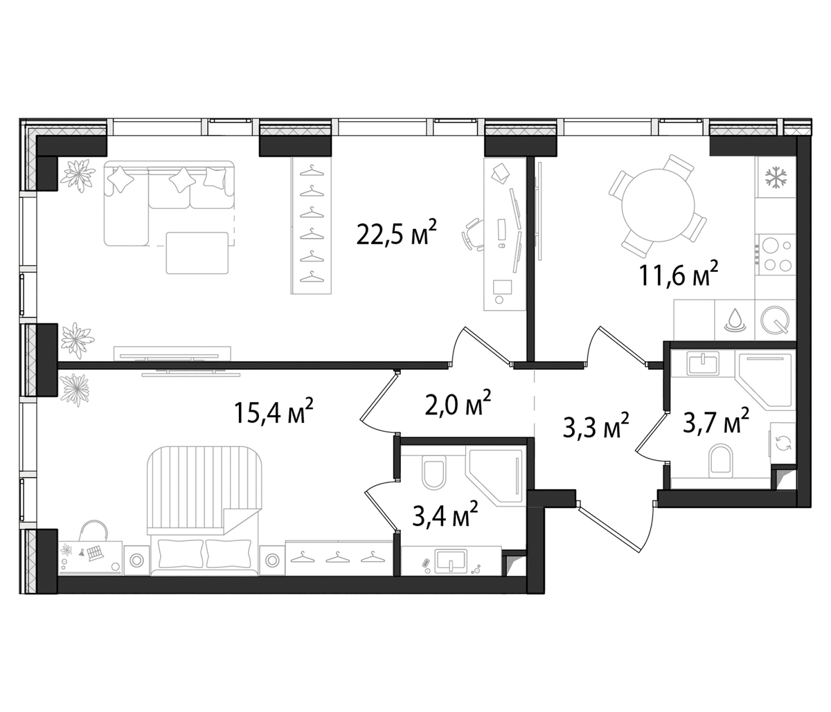 Планировка двухкомнатная 62 м² в ЖК «Первый Нагатинский», корпус 2