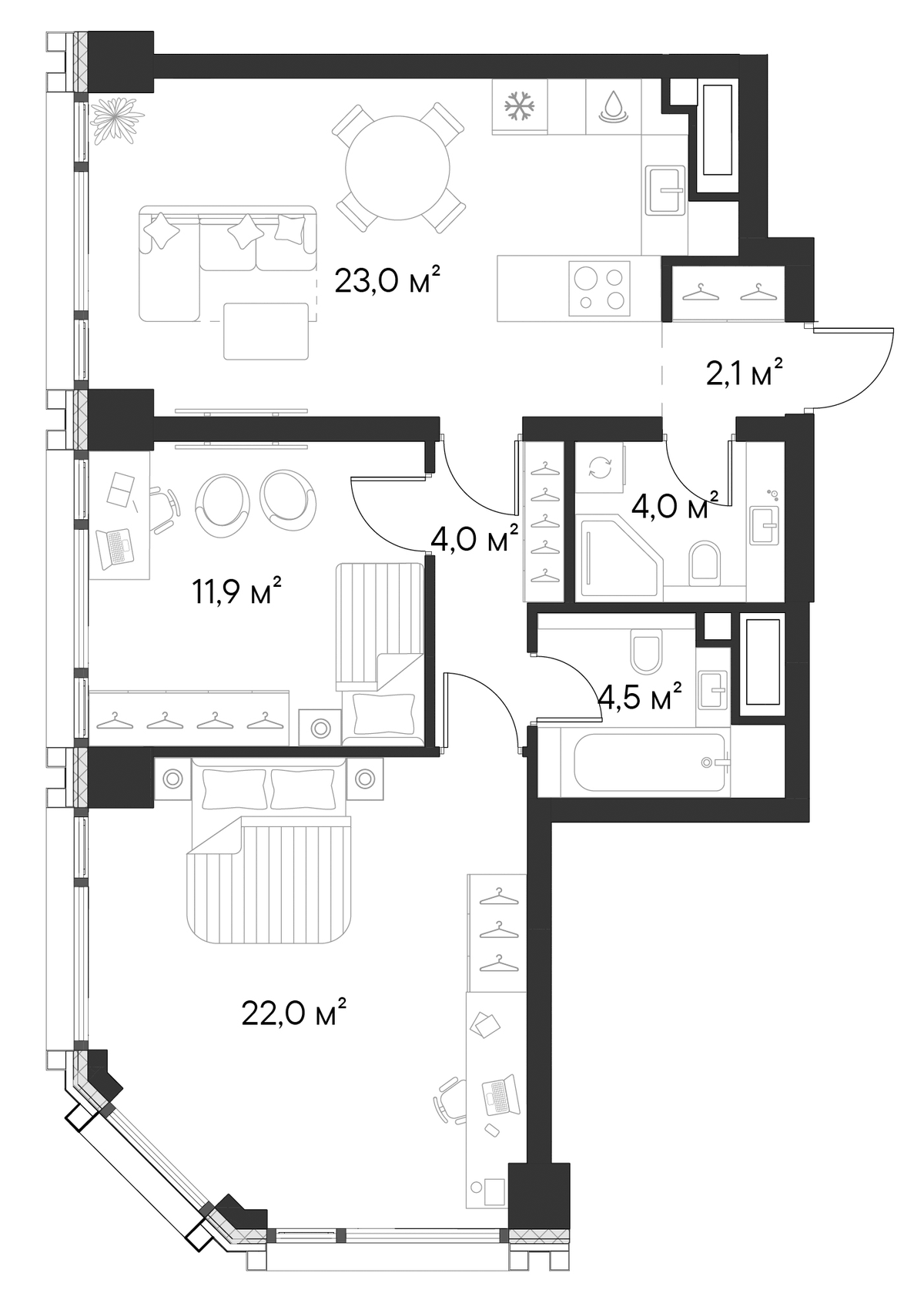 Планировка двухкомнатная 71.5 м² в ЖК «Первый Нагатинский», корпус 1