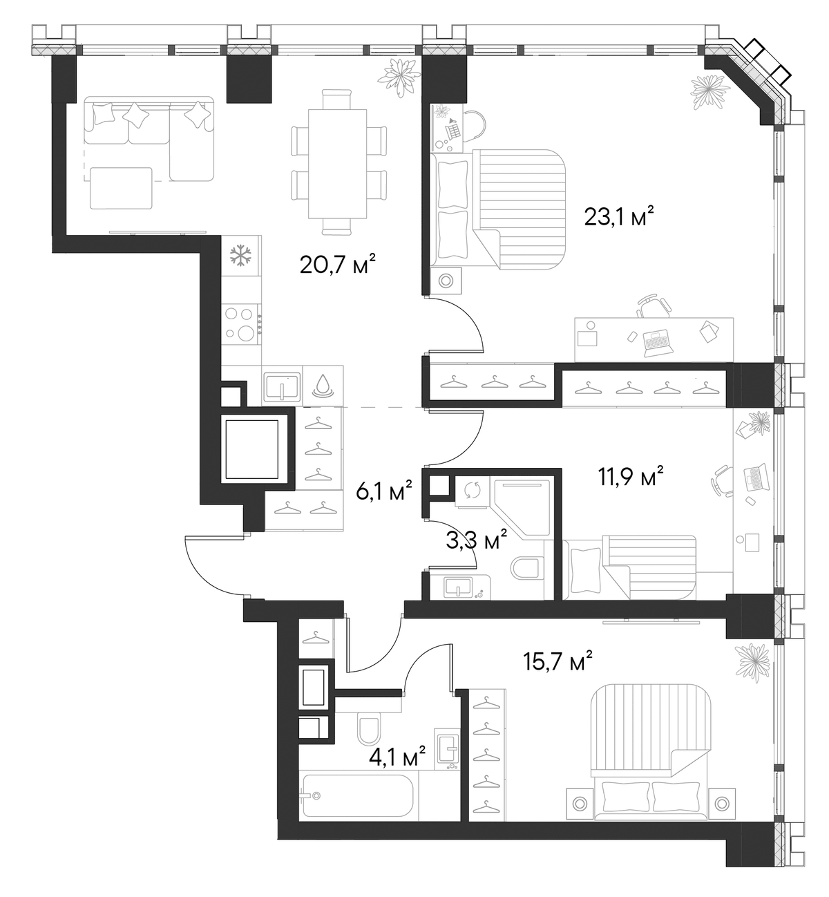 Планировка трёхкомнатная 84.9 м² в ЖК «Первый Нагатинский», корпус 1